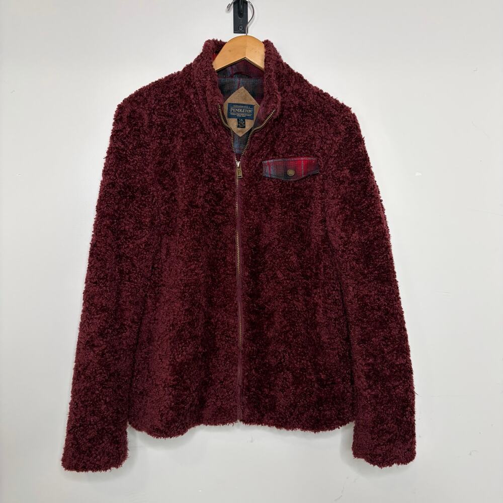 Pendleton Womens Large Sherpa Fleece Jacket Full Zip Maroon Plaid Pocket Teddy